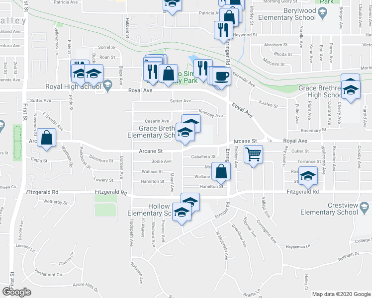 map of restaurants, bars, coffee shops, grocery stores, and more near 1717 Arcane St in Simi Valley