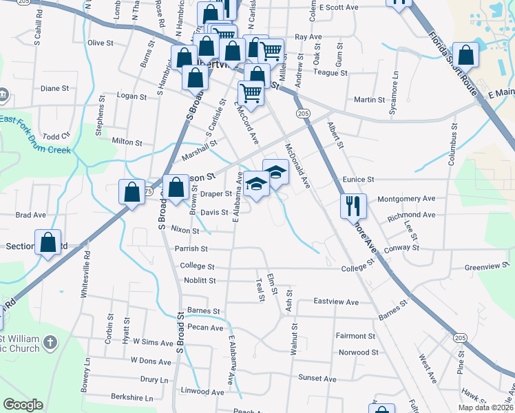 map of restaurants, bars, coffee shops, grocery stores, and more near 600 East Alabama Avenue in Albertville