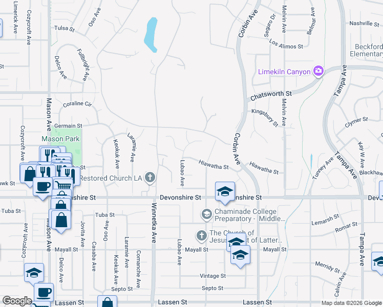 map of restaurants, bars, coffee shops, grocery stores, and more near 19941 Hiawatha Street in Los Angeles