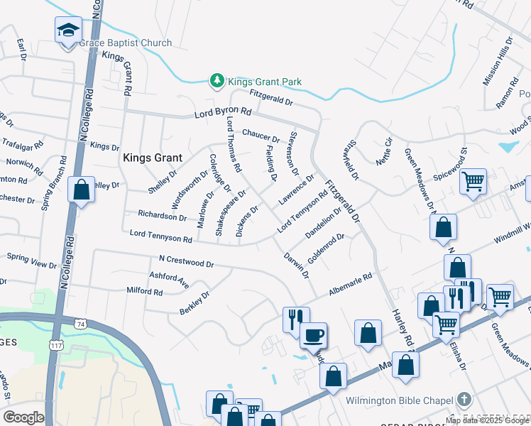 map of restaurants, bars, coffee shops, grocery stores, and more near 913 Lord Thomas Road in Wilmington