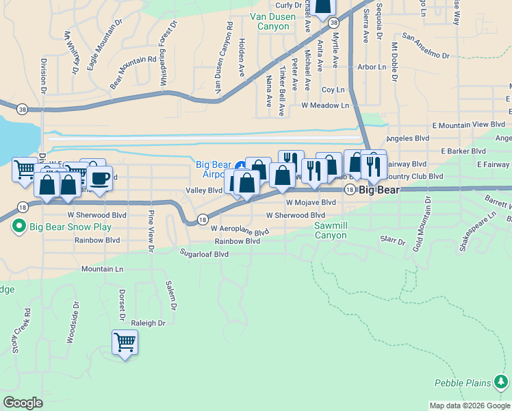 map of restaurants, bars, coffee shops, grocery stores, and more near 440 West Mojave Boulevard in Big Bear