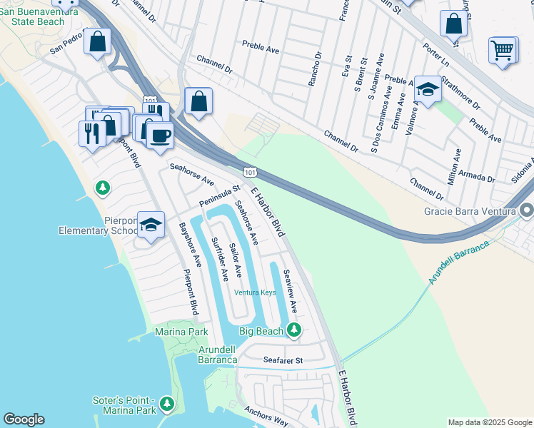 map of restaurants, bars, coffee shops, grocery stores, and more near 2733 East Harbor Boulevard in Ventura