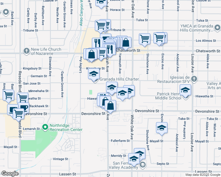 map of restaurants, bars, coffee shops, grocery stores, and more near 17851 Hiawatha Street in Los Angeles