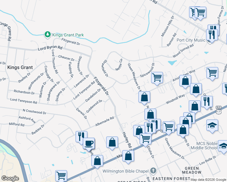 map of restaurants, bars, coffee shops, grocery stores, and more near 721-725 Bracken Fern Drive in Wilmington