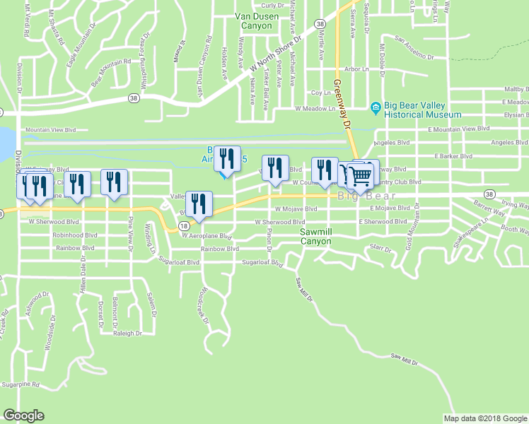 map of restaurants, bars, coffee shops, grocery stores, and more near 404 West Mojave Boulevard in Big Bear
