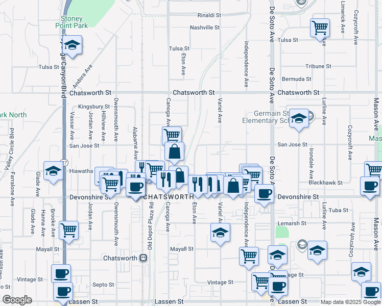 map of restaurants, bars, coffee shops, grocery stores, and more near 10449 Eton Avenue in Los Angeles