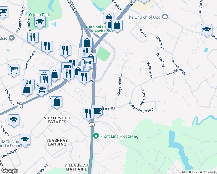 map of restaurants, bars, coffee shops, grocery stores, and more near 300 Smugglers Court in Wilmington