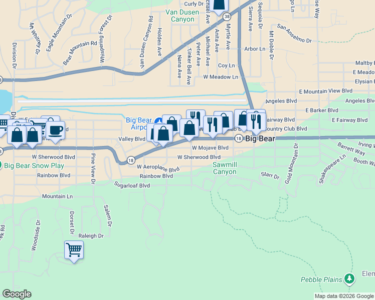 map of restaurants, bars, coffee shops, grocery stores, and more near 404 West Mojave Boulevard in Big Bear