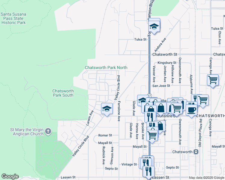 map of restaurants, bars, coffee shops, grocery stores, and more near 22230 James Alan Circle in Los Angeles