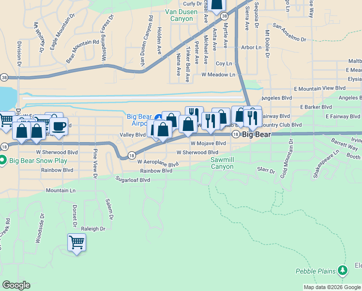 map of restaurants, bars, coffee shops, grocery stores, and more near 416 West Mojave Boulevard in Big Bear