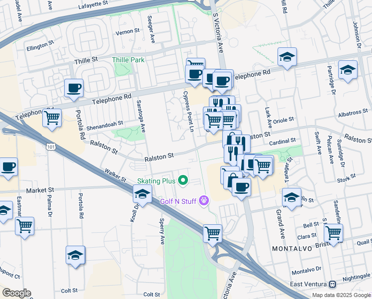 map of restaurants, bars, coffee shops, grocery stores, and more near 5525 Ralston Street in Ventura