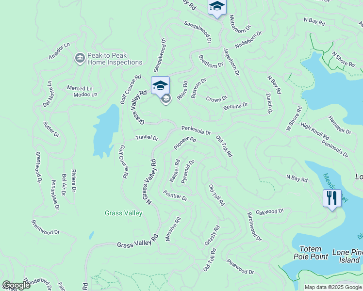 map of restaurants, bars, coffee shops, grocery stores, and more near 523 Pioneer Road in Lake Arrowhead