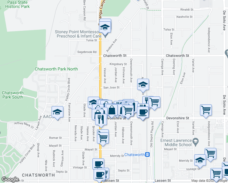 map of restaurants, bars, coffee shops, grocery stores, and more near 10445 Jordan Avenue in Los Angeles