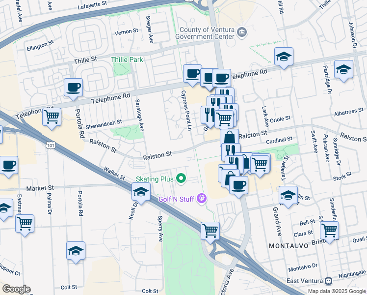 map of restaurants, bars, coffee shops, grocery stores, and more near 5654 Ralston Street in Ventura