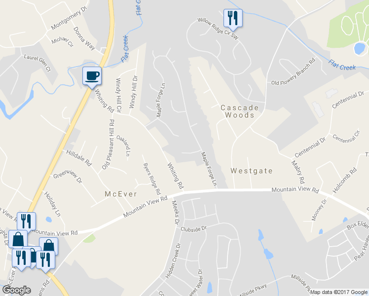 map of restaurants, bars, coffee shops, grocery stores, and more near 3646 Brown Well Court in Gainesville