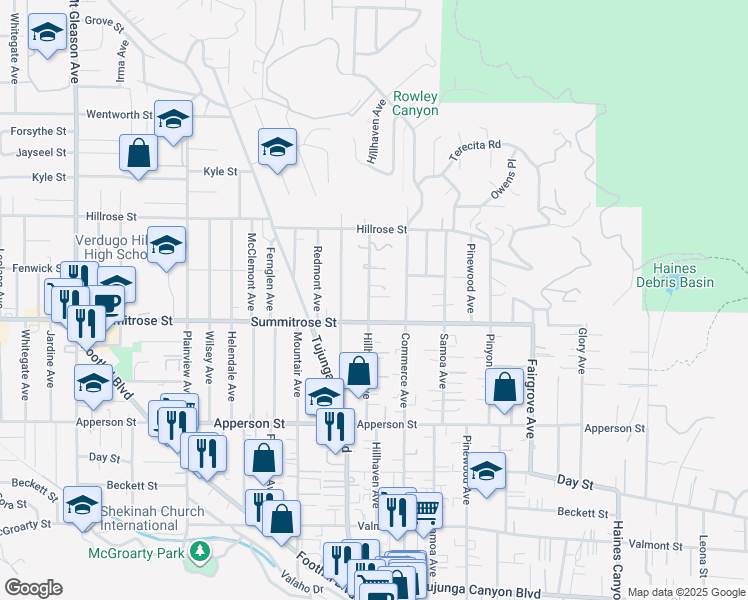 map of restaurants, bars, coffee shops, grocery stores, and more near 10526 Hillhaven Avenue in Los Angeles