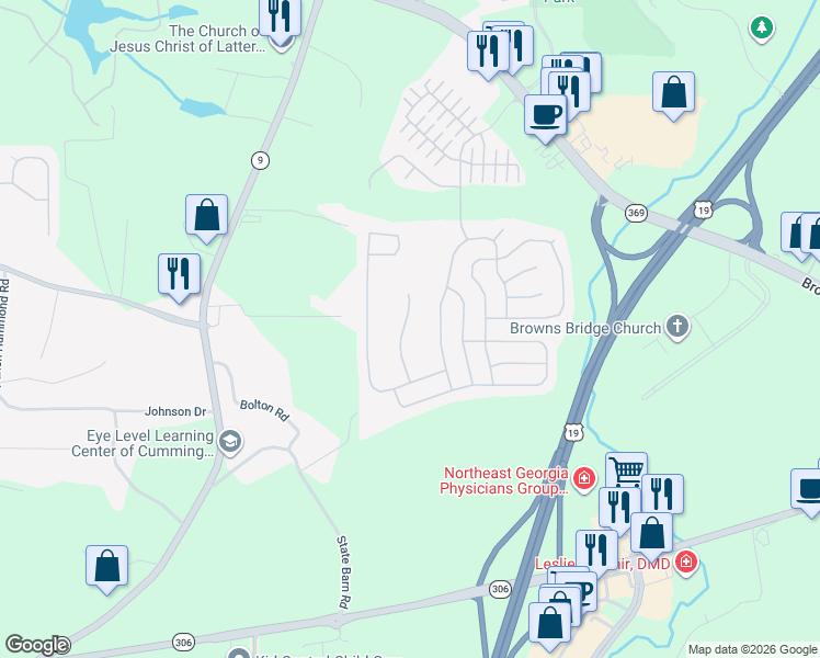 map of restaurants, bars, coffee shops, grocery stores, and more near 4420 Ambassador Way in Cumming