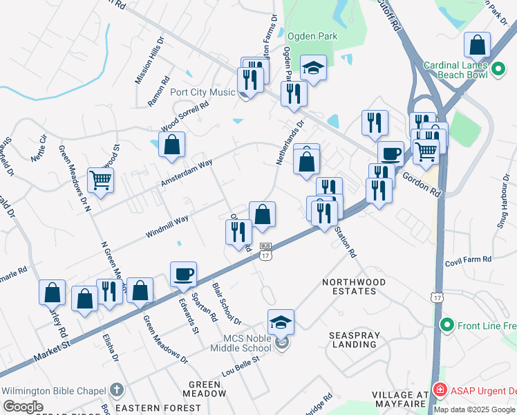 map of restaurants, bars, coffee shops, grocery stores, and more near 6704 Netherlands Drive in Wilmington