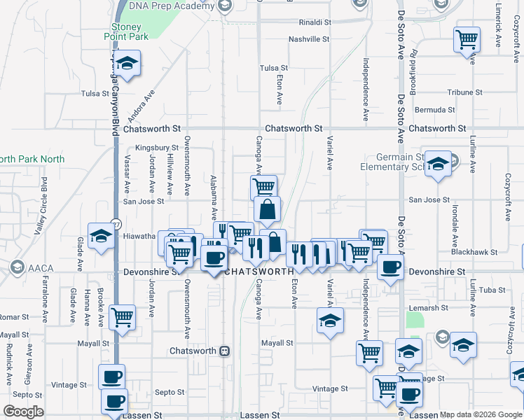 map of restaurants, bars, coffee shops, grocery stores, and more near 10444 Canoga Avenue in Los Angeles
