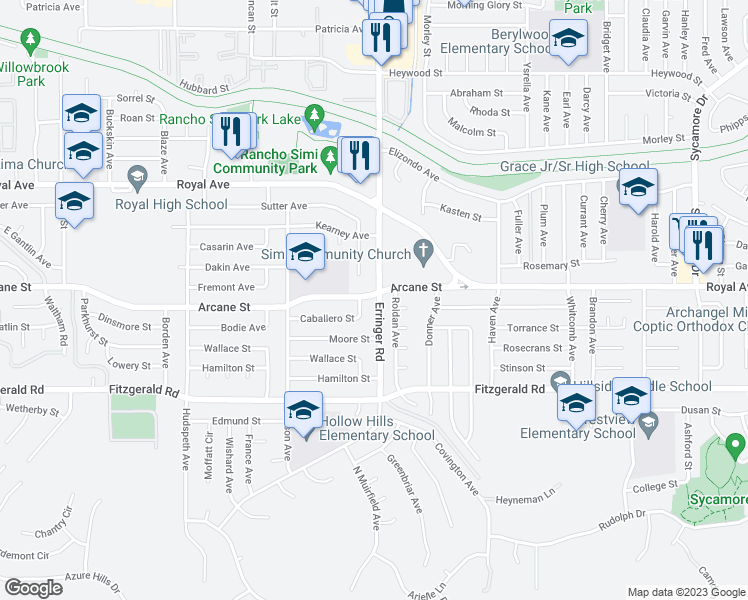 map of restaurants, bars, coffee shops, grocery stores, and more near 1177 Erringer Road in Simi Valley
