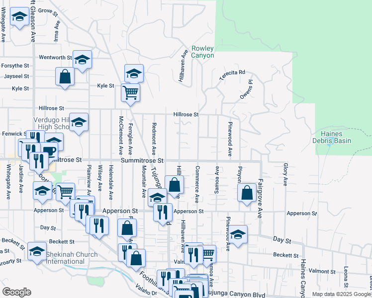 map of restaurants, bars, coffee shops, grocery stores, and more near Hillhaven Avenue in Los Angeles