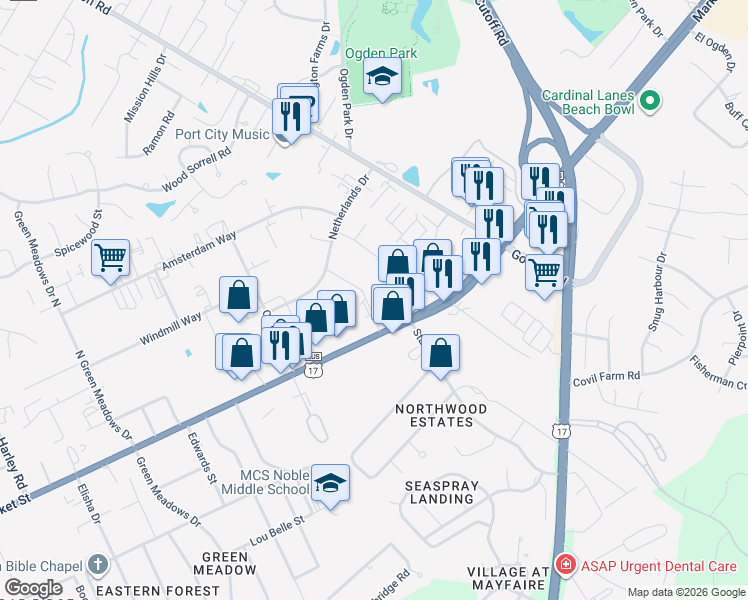 map of restaurants, bars, coffee shops, grocery stores, and more near 6757 Market Street in Wilmington