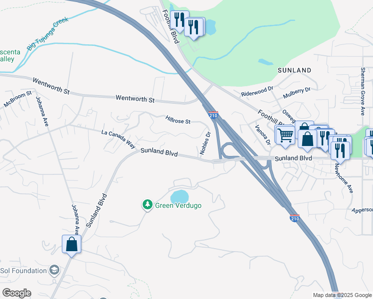 map of restaurants, bars, coffee shops, grocery stores, and more near 10237 Sunland Boulevard in Los Angeles