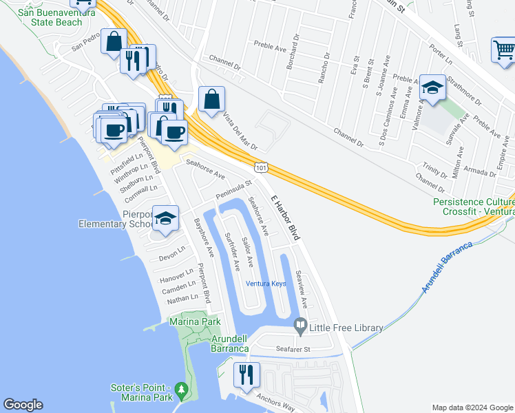 map of restaurants, bars, coffee shops, grocery stores, and more near 949 Sand Court in Ventura