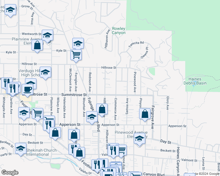 map of restaurants, bars, coffee shops, grocery stores, and more near 10528 Hillhaven Avenue in Los Angeles