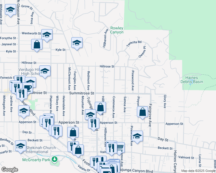 map of restaurants, bars, coffee shops, grocery stores, and more near 10528 Hillhaven Avenue in Los Angeles