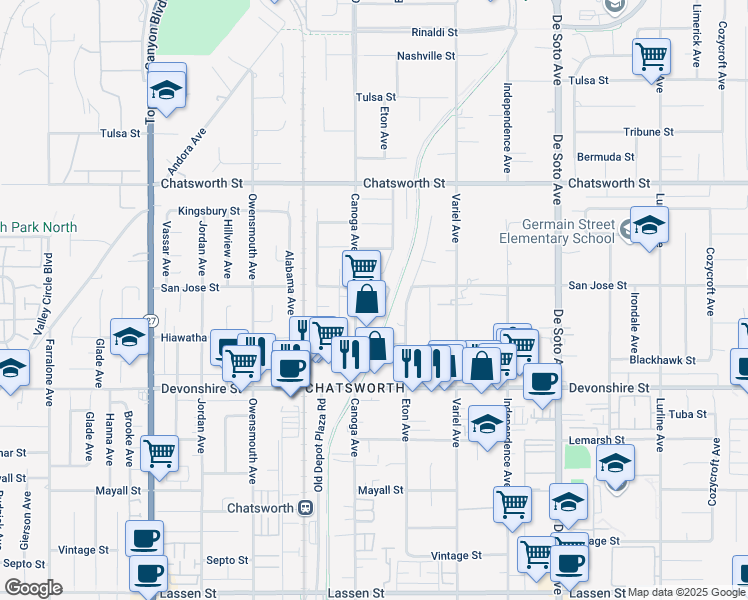 map of restaurants, bars, coffee shops, grocery stores, and more near 10444 Canoga Avenue in Los Angeles