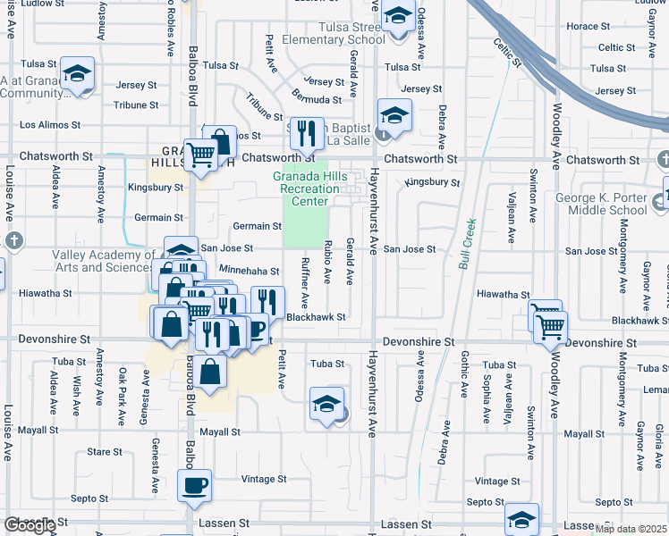 map of restaurants, bars, coffee shops, grocery stores, and more near 10430 Rubio Avenue in Los Angeles