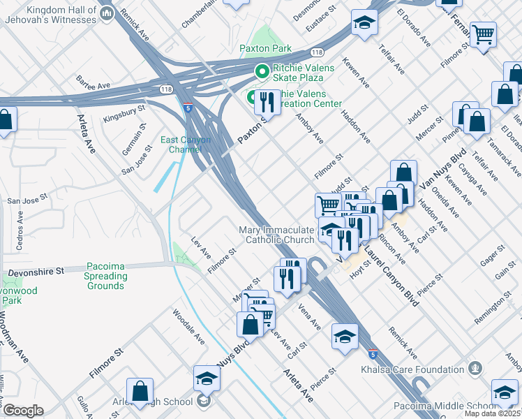 map of restaurants, bars, coffee shops, grocery stores, and more near 14002 Louvre Street in Los Angeles