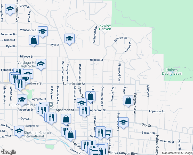 map of restaurants, bars, coffee shops, grocery stores, and more near 10514 Hillhaven Avenue in Los Angeles