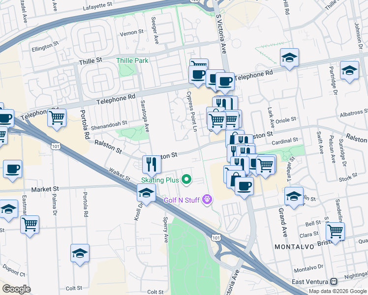 map of restaurants, bars, coffee shops, grocery stores, and more near 5654 Ralston Street in Ventura