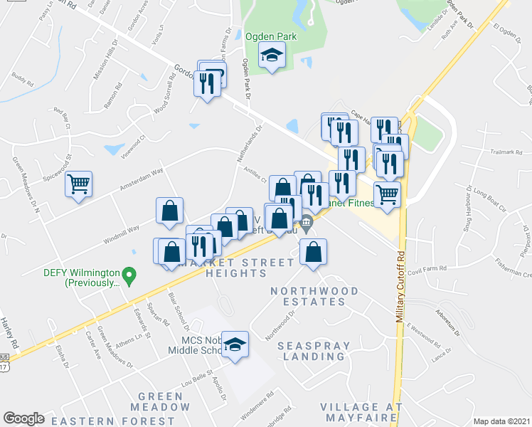 map of restaurants, bars, coffee shops, grocery stores, and more near 6757 Market Street in Wilmington