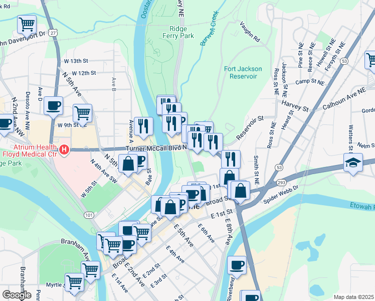 map of restaurants, bars, coffee shops, grocery stores, and more near 820 Turner McCall Boulevard in Rome