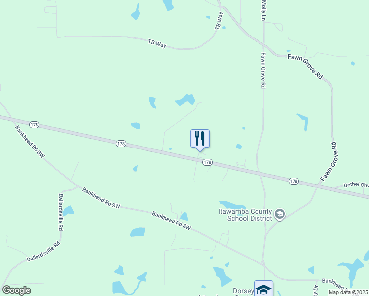 map of restaurants, bars, coffee shops, grocery stores, and more near 1626 Highway 178 in Mantachie