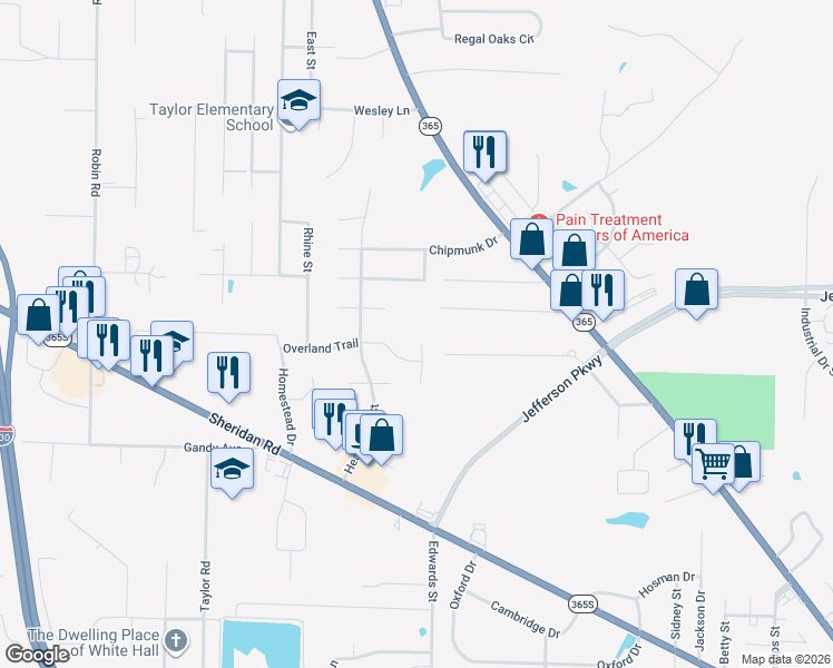 map of restaurants, bars, coffee shops, grocery stores, and more near 105 Overland Trail in White Hall