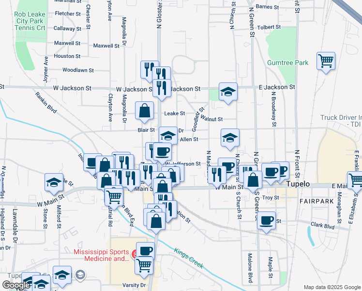 map of restaurants, bars, coffee shops, grocery stores, and more near 633-699 Allen Street in Tupelo