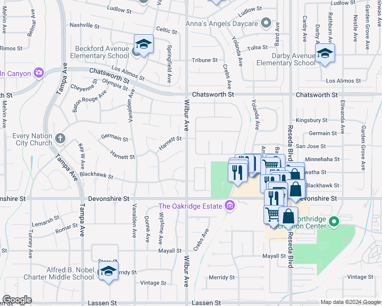 map of restaurants, bars, coffee shops, grocery stores, and more near 10429 Amberwood Lane in Los Angeles