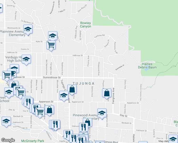 map of restaurants, bars, coffee shops, grocery stores, and more near 10533 Samoa Avenue in Los Angeles