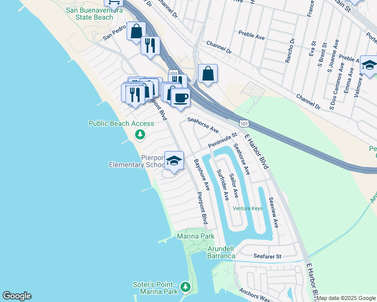 map of restaurants, bars, coffee shops, grocery stores, and more near 2593 Bayshore Avenue in Ventura