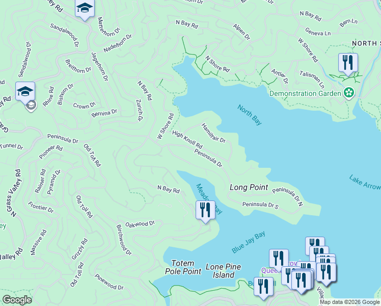 map of restaurants, bars, coffee shops, grocery stores, and more near 27657 Peninsula Drive in Lake Arrowhead
