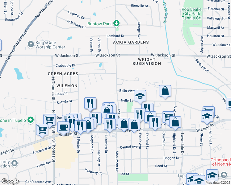map of restaurants, bars, coffee shops, grocery stores, and more near 405 Lumpkin Avenue in Tupelo