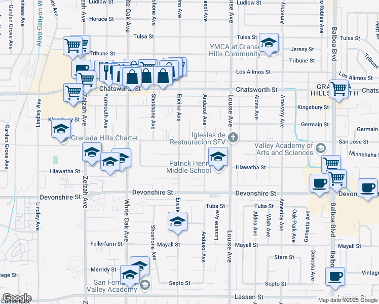 map of restaurants, bars, coffee shops, grocery stores, and more near 17450 Minnehaha Street in Los Angeles