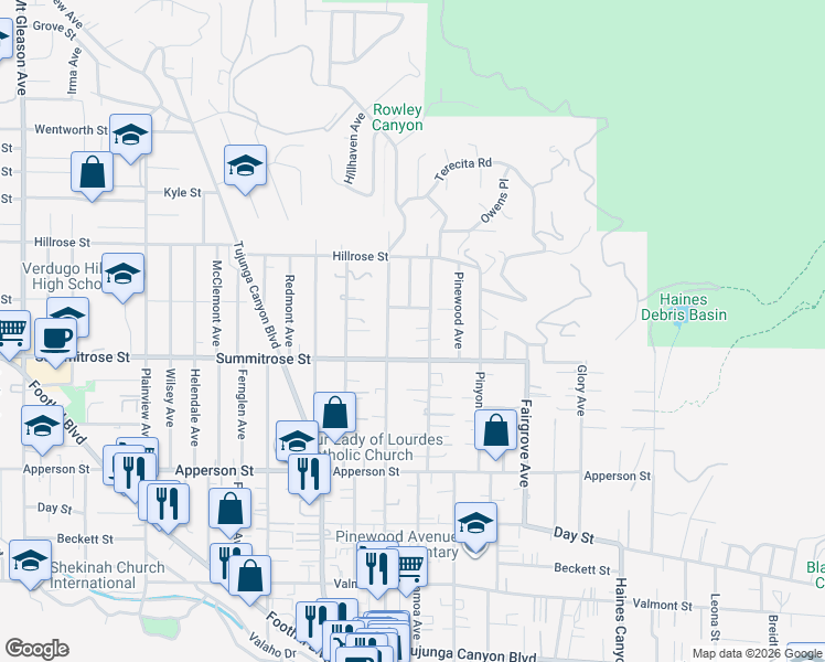 map of restaurants, bars, coffee shops, grocery stores, and more near 10533 Samoa Avenue in Los Angeles