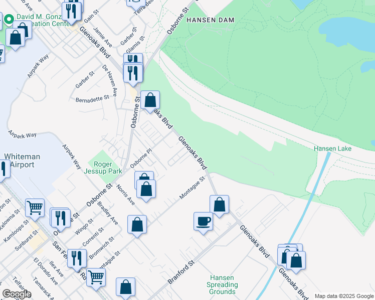 map of restaurants, bars, coffee shops, grocery stores, and more near 10548 Glenoaks Boulevard in Los Angeles
