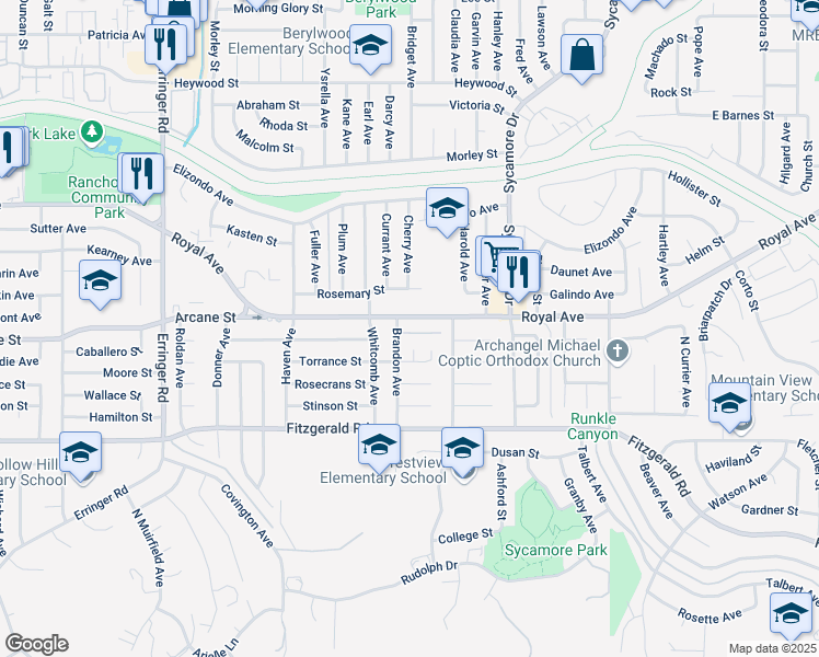 map of restaurants, bars, coffee shops, grocery stores, and more near 2346 Royal Avenue in Simi Valley