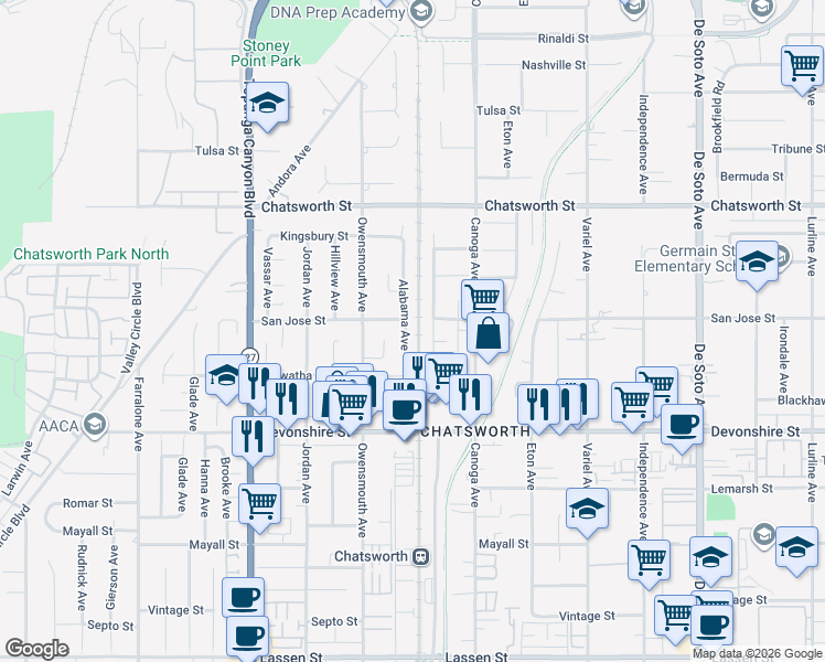 map of restaurants, bars, coffee shops, grocery stores, and more near 10448 Alabama Avenue in Los Angeles